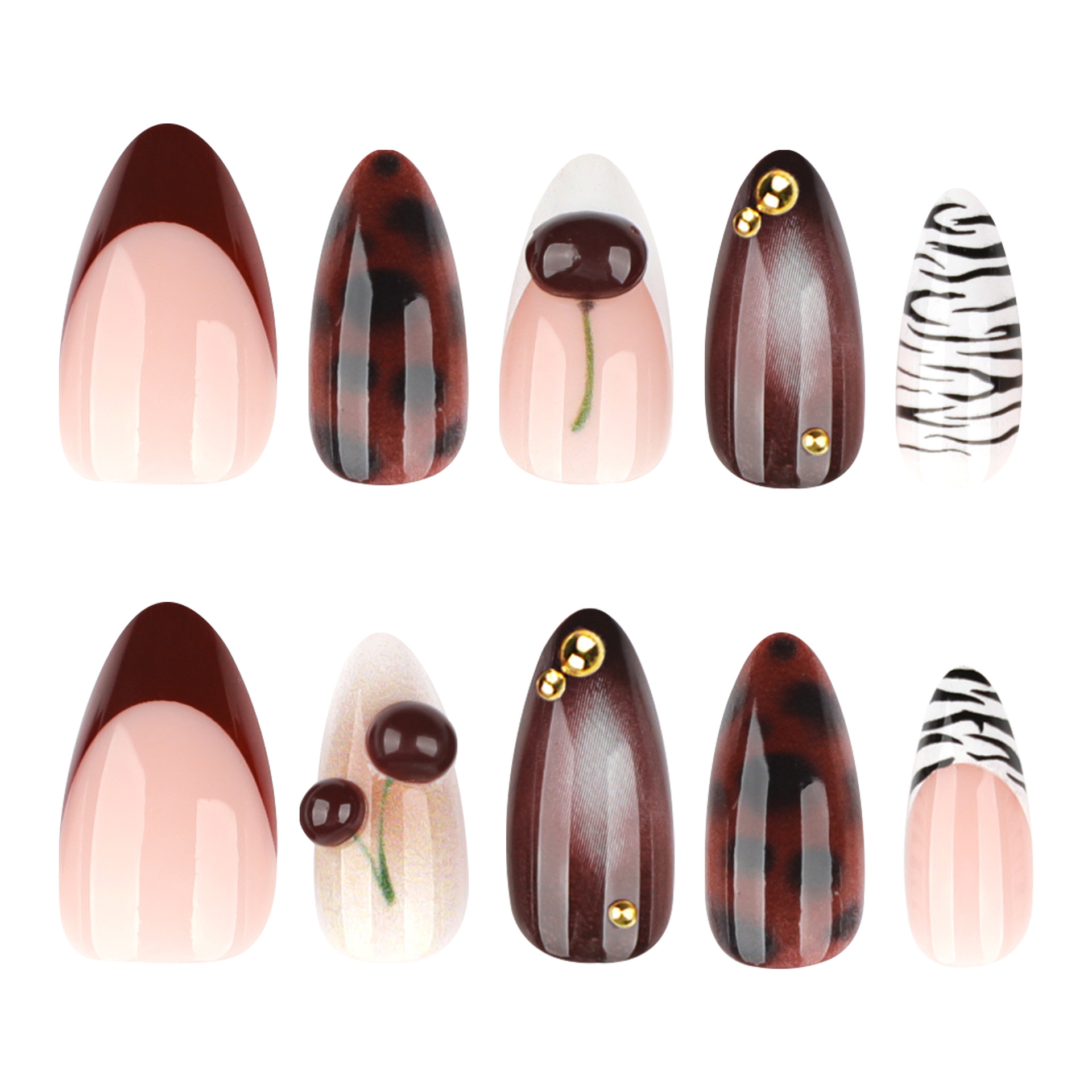 Nail Art Burgundy - 24 قطعة من الأظافر الصناعية بلون