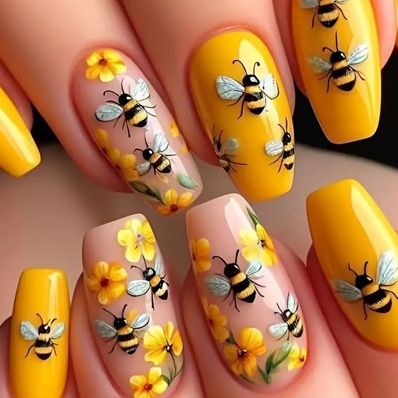 Nail Art Flower - 24 قطعة/المجموعة/مجموعة أظافر صناعية متوسطة الطول