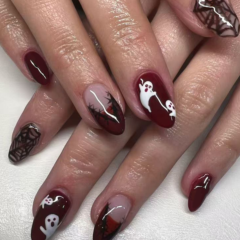 Nail Art Burgundy - 24 قطعة أظافر صناعية للهالوين بتصميم