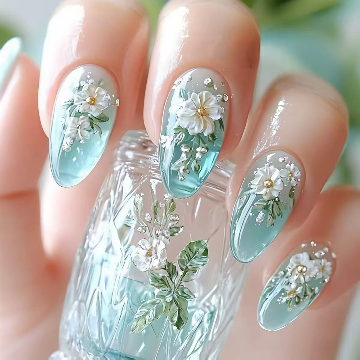 Nail Art Flower - أظافر صناعية متوسطة الحجم للنساء والفتيات،