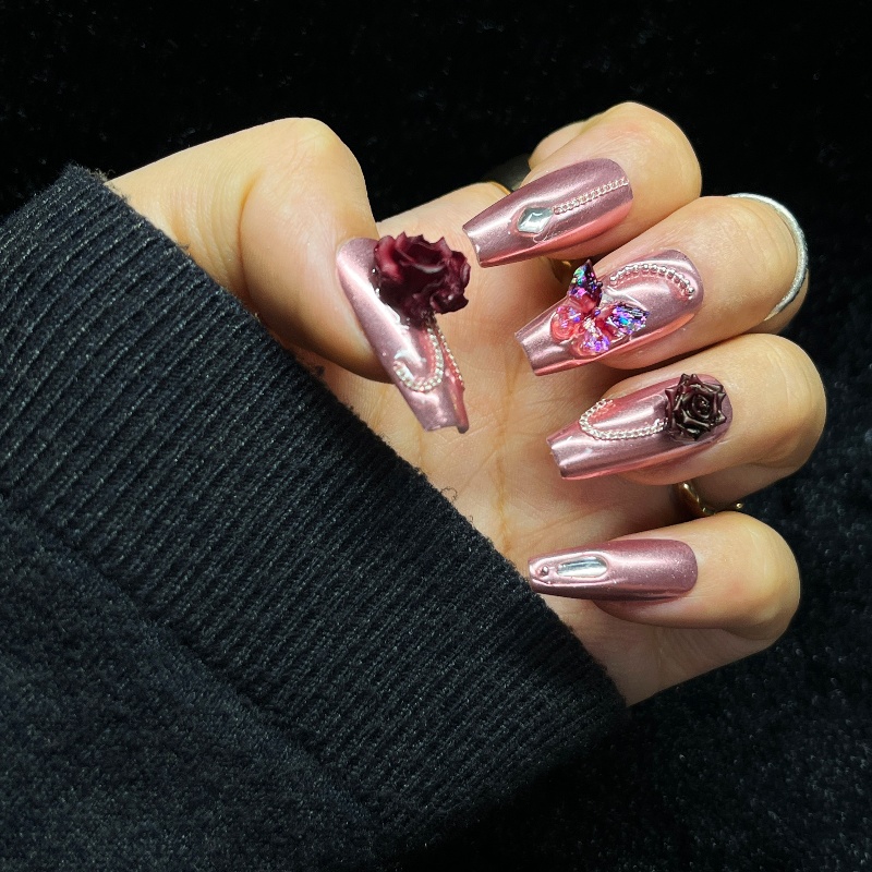 Nail Art Burgundy - 10 قطعة الذهب الوردي الصحافة على