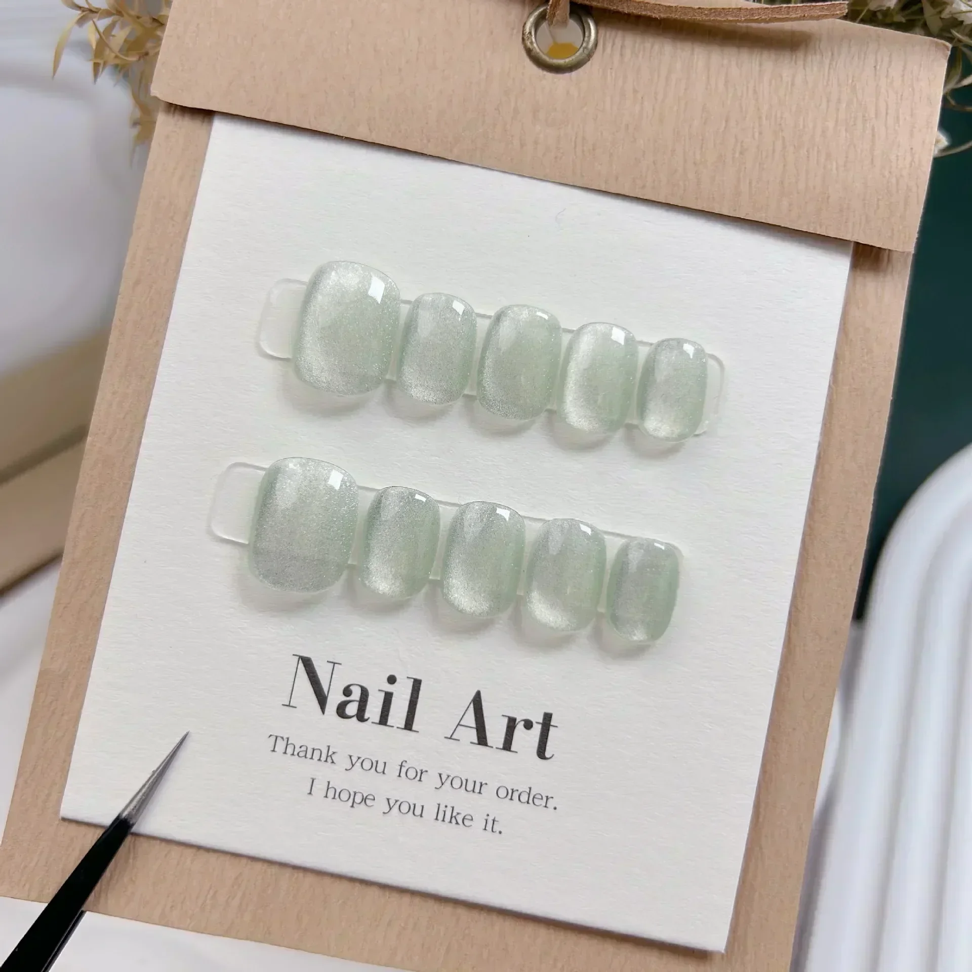 Nail Art Full Cat Eye - 10 قطع أظافر صناعية قصيرة مصنوعة