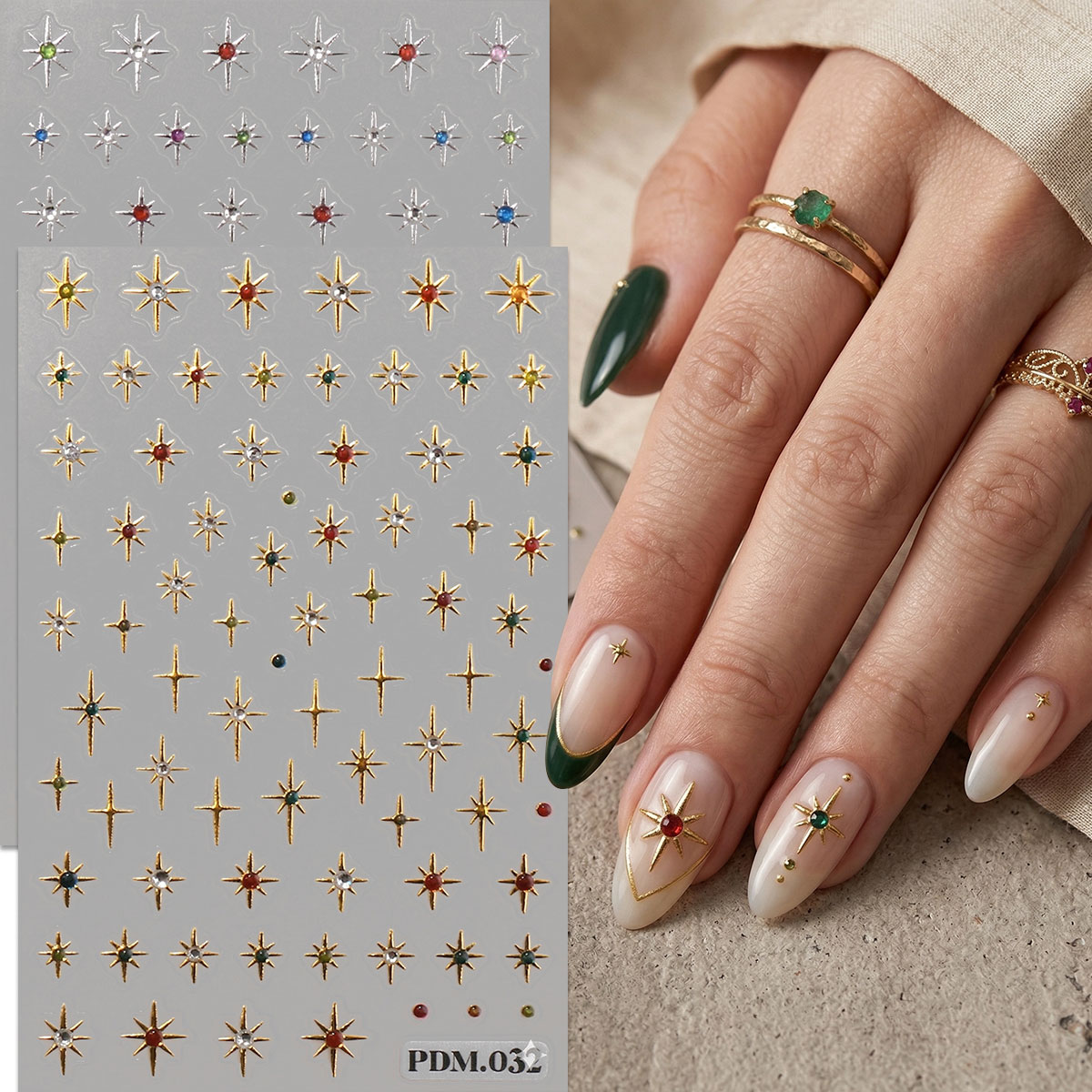 Nail Art Ramadan - ملصقات أظافر ذهبية وفضية بتصميم النجوم،