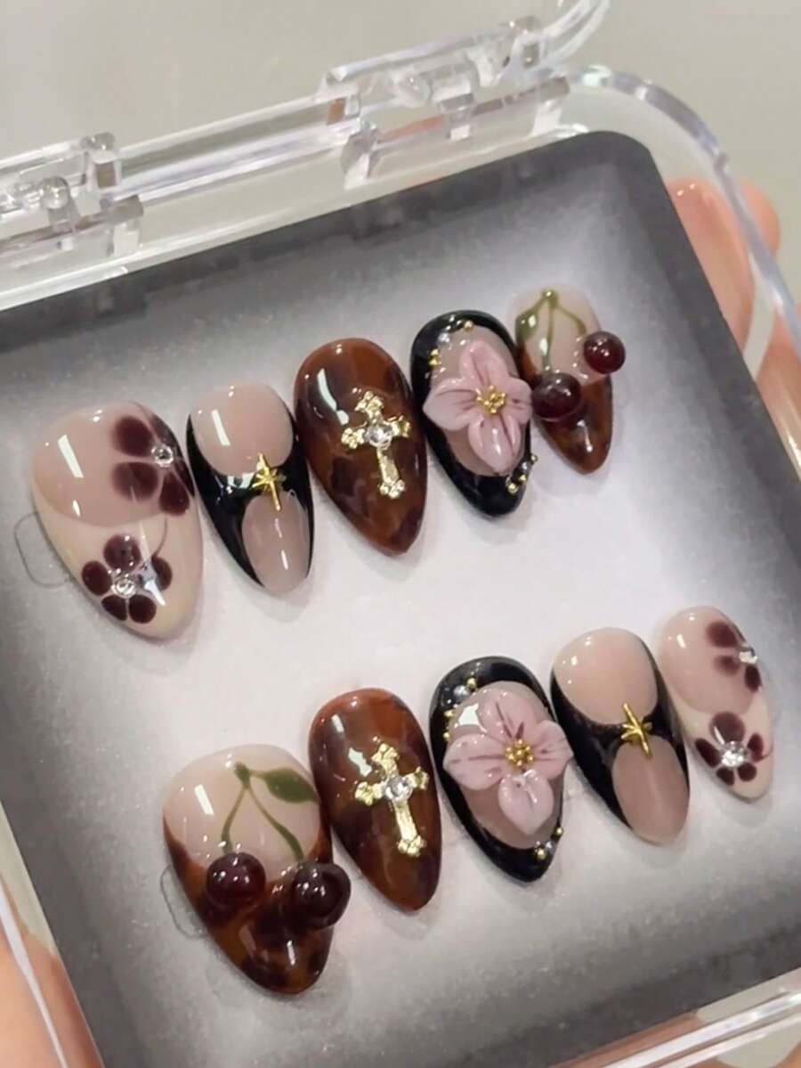 10 قطع زينة أظافر بتصميم زهور  - مراجعة Nail Art Burgundy وسعره